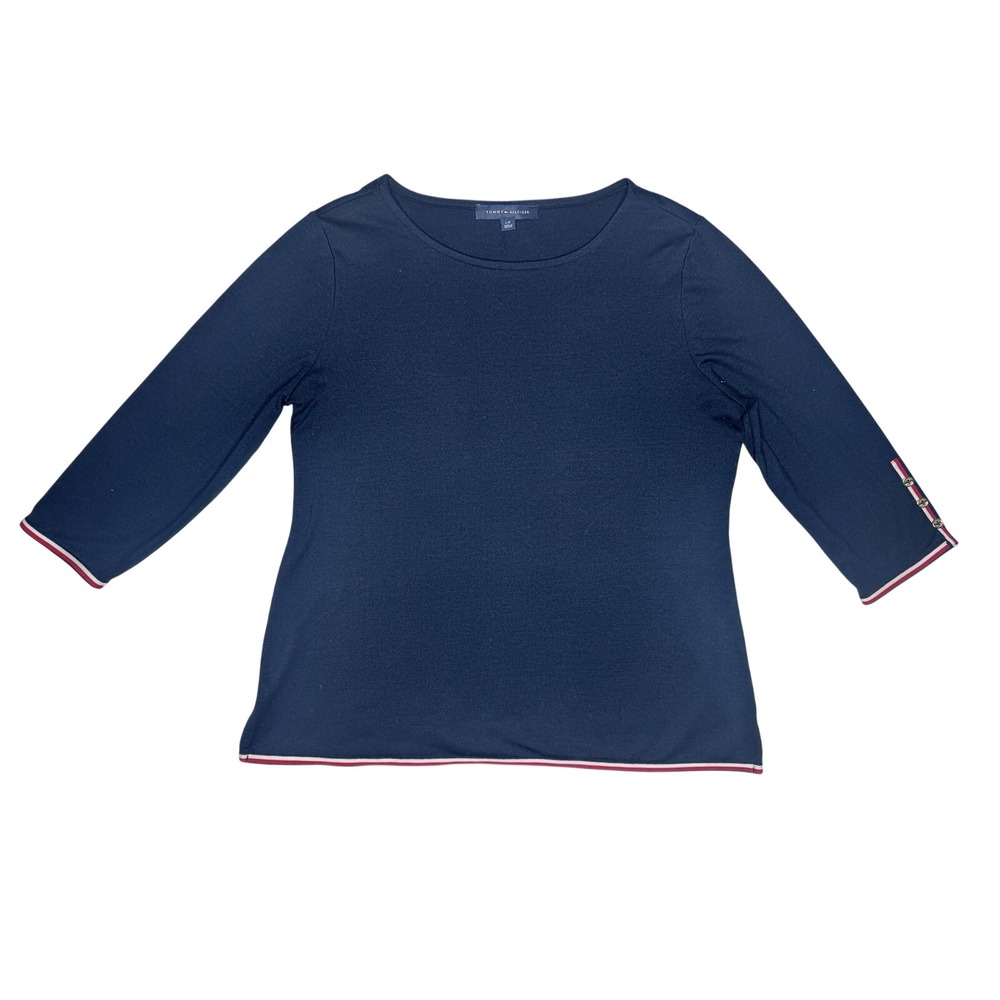 Sz LG Tommy Hilfiger Navy 3/4 Sleeve Knit Top Stripe Trim Womens Shirt‎